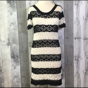 Crocheted Knit Sweater Dress Black White Sz M